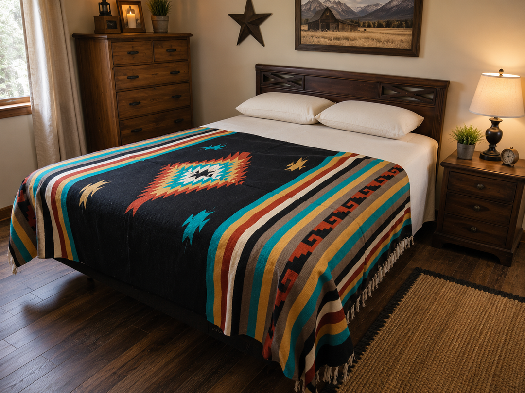 Zapotec Southwest Blanket are rich earth tone colors and classic geometric patterns making these blankets a worldwide favorite. The perfect Southwest Home accent and now available in our Smyrna, TN shop not far from Franklin.

Zapotec Blanket 5 diamonds in black with turquoise and brown
Handwoven 80% acrylic and 20% cotton.
Made in India.
Apx. 5&