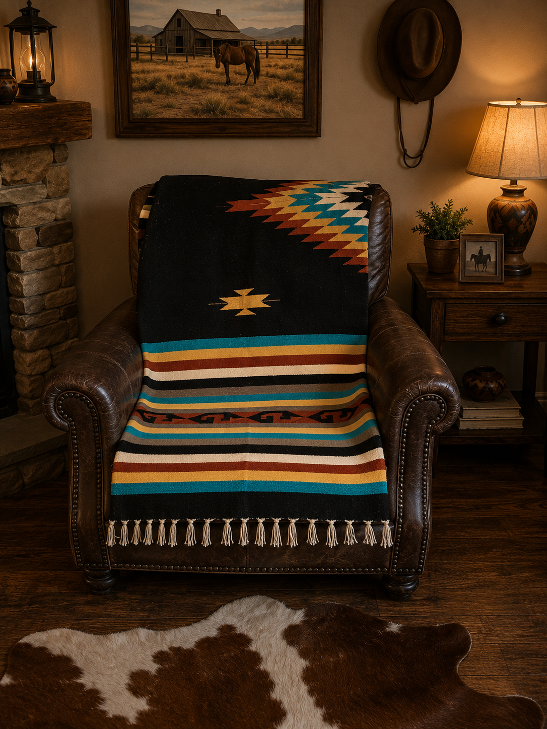 Zapotec Southwest Blanket are rich earth tone colors and classic geometric patterns making these blankets a worldwide favorite. The perfect Southwest Home accent and now available in our Smyrna, TN shop not far from Franklin.

Zapotec Blanket 5 diamonds in black with turquoise and brown
Handwoven 80% acrylic and 20% cotton.
Made in India.
Apx. 5' X 7' and Apx. 5 lbs ea.