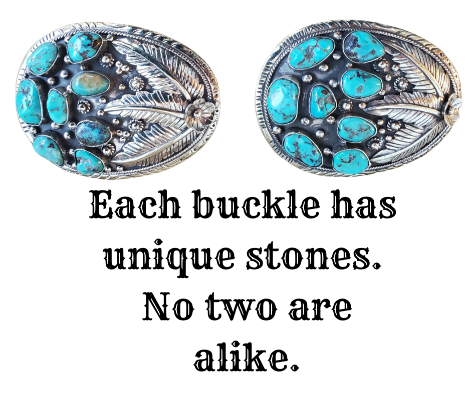 The Navajo influenced Turquoise Sky belt buckle&nbsp; It is crafted from white metal with turquoise and flowers on it and no 2 are alike because of the unique stones in each buckle. The measurement is approx. 3"x 4" and will fit up to 1 1 /2" belts. Ride on to our Smyrna, TN shop and check'em out!

Handcrafted in Nepal.
Floral design back