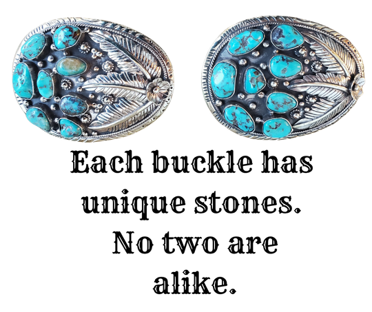 The Navajo influenced Turquoise Sky belt buckle&nbsp; It is crafted from white metal with turquoise and flowers on it and no 2 are alike because of the unique stones in each buckle. The measurement is approx. 3"x 4" and will fit up to 1 1 /2" belts. Ride on to our Smyrna, TN shop and check'em out!

Handcrafted in Nepal.
Floral design back