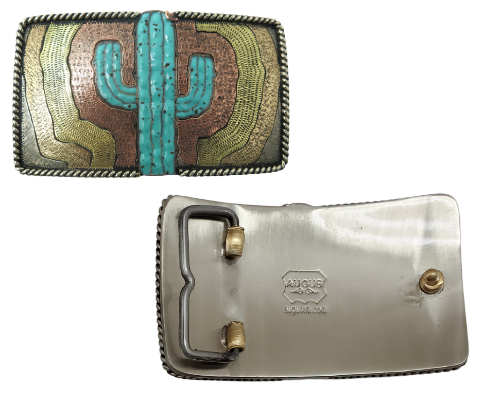 The El Cacto buckle is made from German Silver (nickel and brass alloy) or iron metal base. Each piece is punched, cut, soldered, engraved, polished and painted by our talented metal workers. In order to give you the quality and long lasting final product we also plate each piece with copper, nickel and silver to ensure the piece&