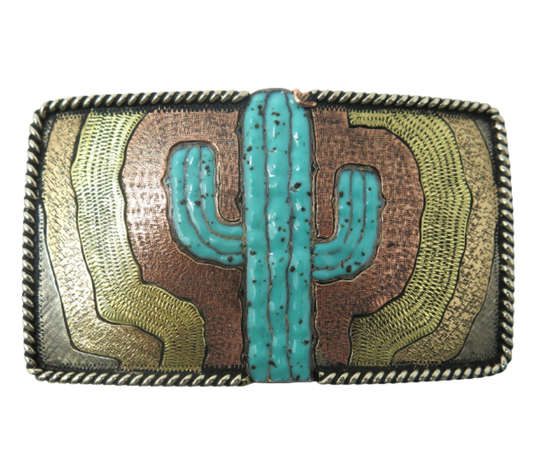 The El Cacto buckle is made from German Silver (nickel and brass alloy) or iron metal base. Each piece is punched, cut, soldered, engraved, polished and painted by our talented metal workers. In order to give you the quality and long lasting final product we also plate each piece with copper, nickel and silver to ensure the piece&