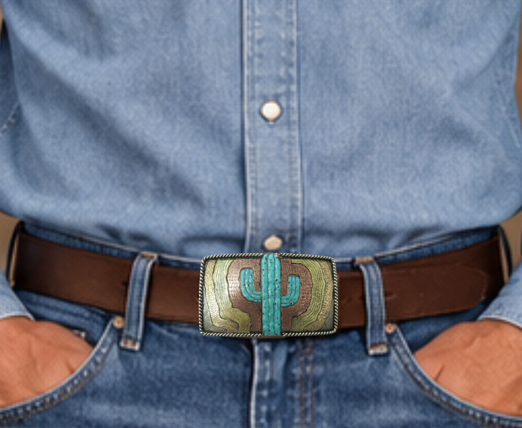 The El Cacto buckle is made from German Silver (nickel and brass alloy) or iron metal base. Each piece is punched, cut, soldered, engraved, polished and painted by our talented metal workers. In order to give you the quality and long lasting final product we also plate each piece with copper, nickel and silver to ensure the piece&