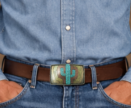 The El Cacto buckle is made from German Silver (nickel and brass alloy) or iron metal base. Each piece is punched, cut, soldered, engraved, polished and painted by our talented metal workers. In order to give you the quality and long lasting final product we also plate each piece with copper, nickel and silver to ensure the piece&