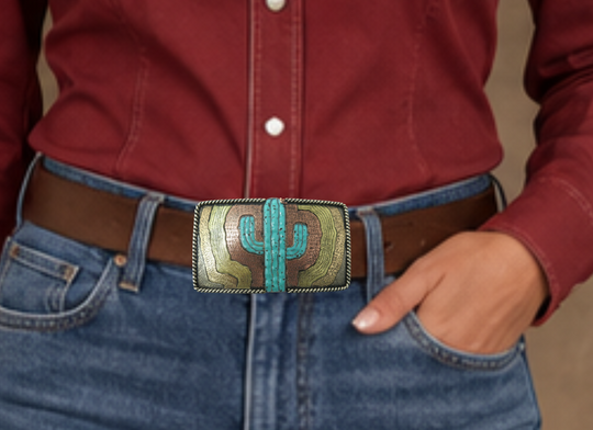 The El Cacto buckle is made from German Silver (nickel and brass alloy) or iron metal base. Each piece is punched, cut, soldered, engraved, polished and painted by our talented metal workers. In order to give you the quality and long lasting final product we also plate each piece with copper, nickel and silver to ensure the piece&