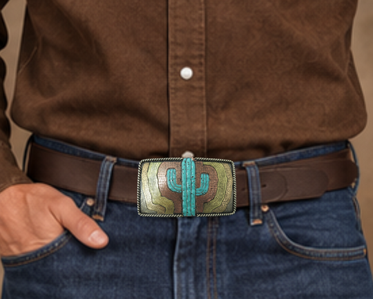 The El Cacto buckle is made from German Silver (nickel and brass alloy) or iron metal base. Each piece is punched, cut, soldered, engraved, polished and painted by our talented metal workers. In order to give you the quality and long lasting final product we also plate each piece with copper, nickel and silver to ensure the piece&
