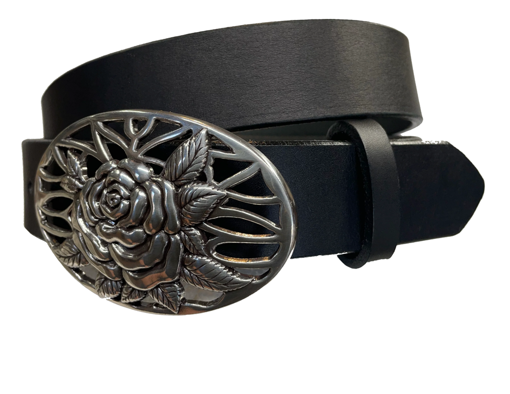 A Filigreed Rose design in Antique Nickel that looks great on plain 1 1/2" Black or Brown belt. Choose ONE belt strip color! A easy to wear oval shape that's not too big, measures approx. 3 7/8" wide by 2 1/2" tall. Belt is made from a single strip of leather in our shop in Smyrna, TN. Buckle is Imported. Available in our shop just outside Nashville in Smyrna, TN as well as online. Distressed brown belt.
