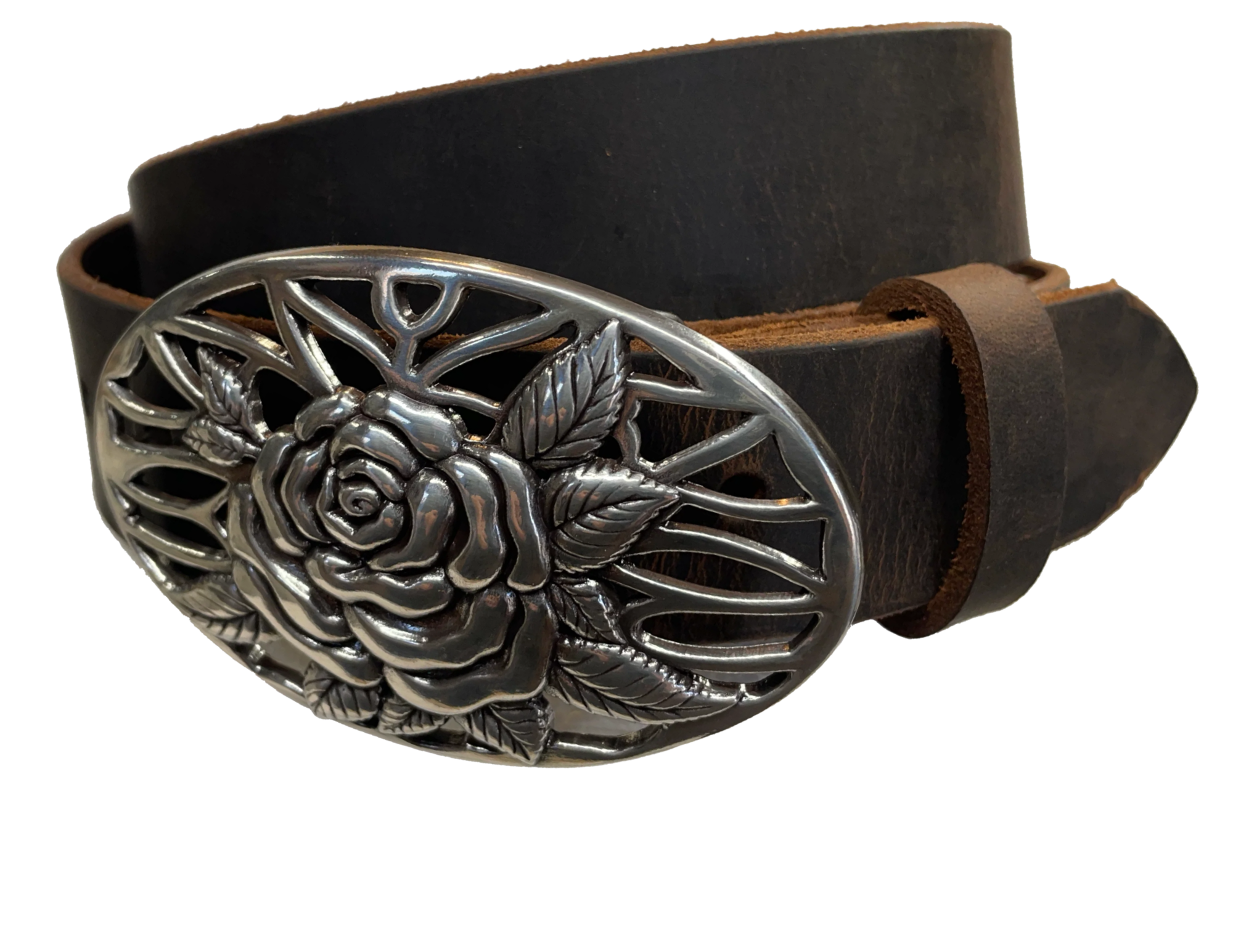 A Filigreed Rose design in Antique Nickel that looks great on plain 1 1/2" Black or Brown belt. Choose ONE belt strip color! A easy to wear oval shape that's not too big, measures approx. 3 7/8" wide by 2 1/2" tall. Belt is made from a single strip of leather in our shop in Smyrna, TN. Buckle is Imported. Available in our shop just outside Nashville in Smyrna, TN as well as online. Distressed brown belt.
