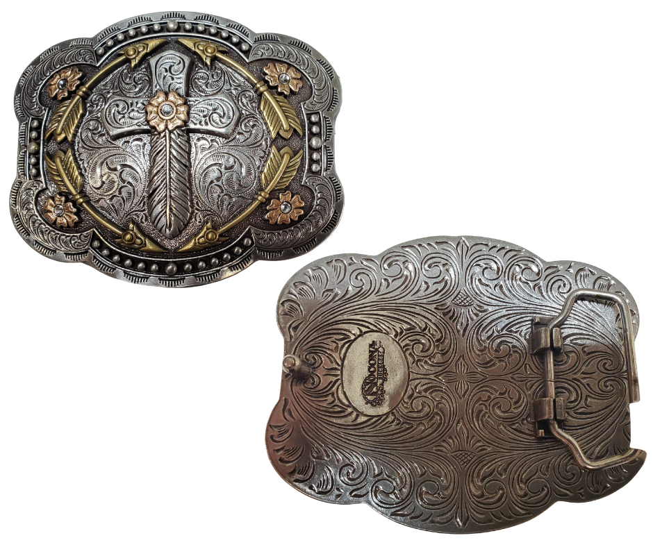 Add a touch of Western charm to your wardrobe with the "Feathered Cross" Belt Buckle. Featuring a beautiful combination of a Crossed Feather, brass Arrows, and 5 Clear Rhinestones centering Rose colored florets. Outlined in a broken boarder of beaded metal, this all-over engraved, antique silver buckle measures 3" tall by 4" wide and is perfect for Cowboy Church. Whether you visit our retail store in Smyrna, TN or shop online, don't miss the chance to add this unique piece to your collection. Imported.