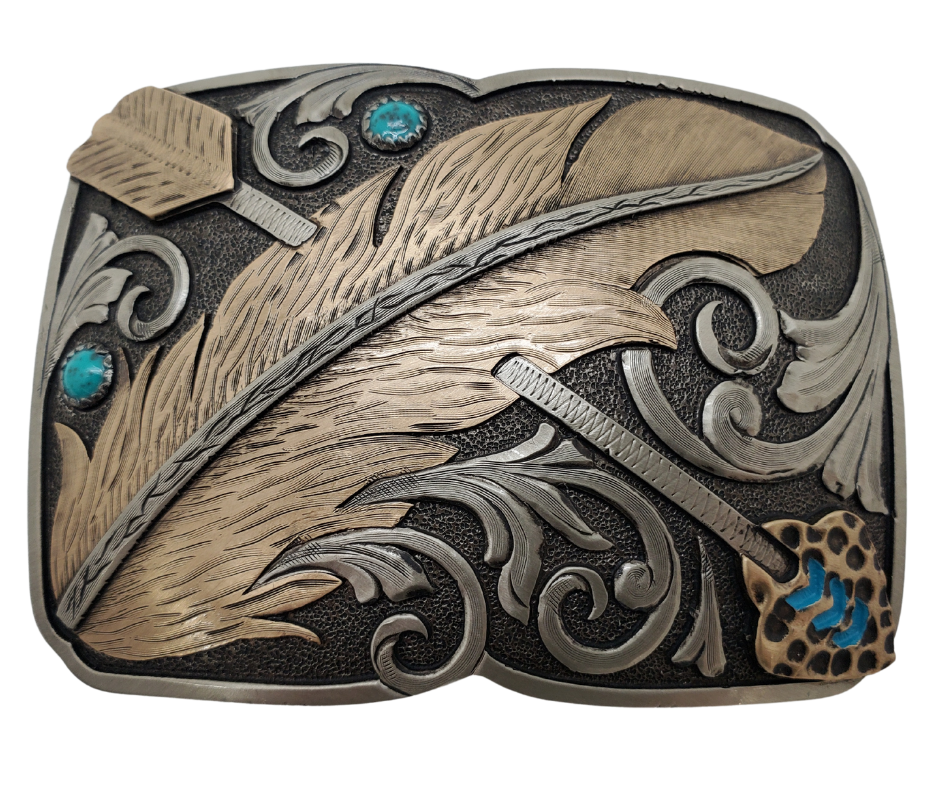 Feathers are widely believed among North American Indians to signify the connection between The Creator, the owner of the feather, and the bird from whom the feather came. Deeply revered, the feather symbolizes high honor, power, wisdom, trust, strength, and freedom. As such, feathers are seen as gifts from the sky. Available at our Smyrna, TN shop just outside of Nashville.
Approx. Width 4” Height 3”
fit's Standard 1.5” belts