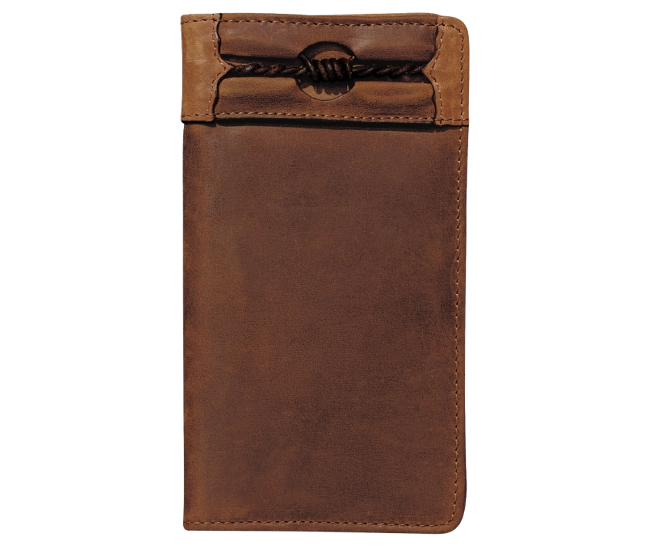 This cowboy style checkbook wallet has style that cannot be fenced in! The leather color is Aged Bark, with a barbed wire motif, the soft inside is built to fit 6 cards, checkbook, cash slot, pen, ID, and more. It's sized at 6 3/4" tall by 3 3/4" wide. Available in our Smyrna, TN store, a short drive id your in Nashville visiting. Silver Creek is Made by Brighton.
