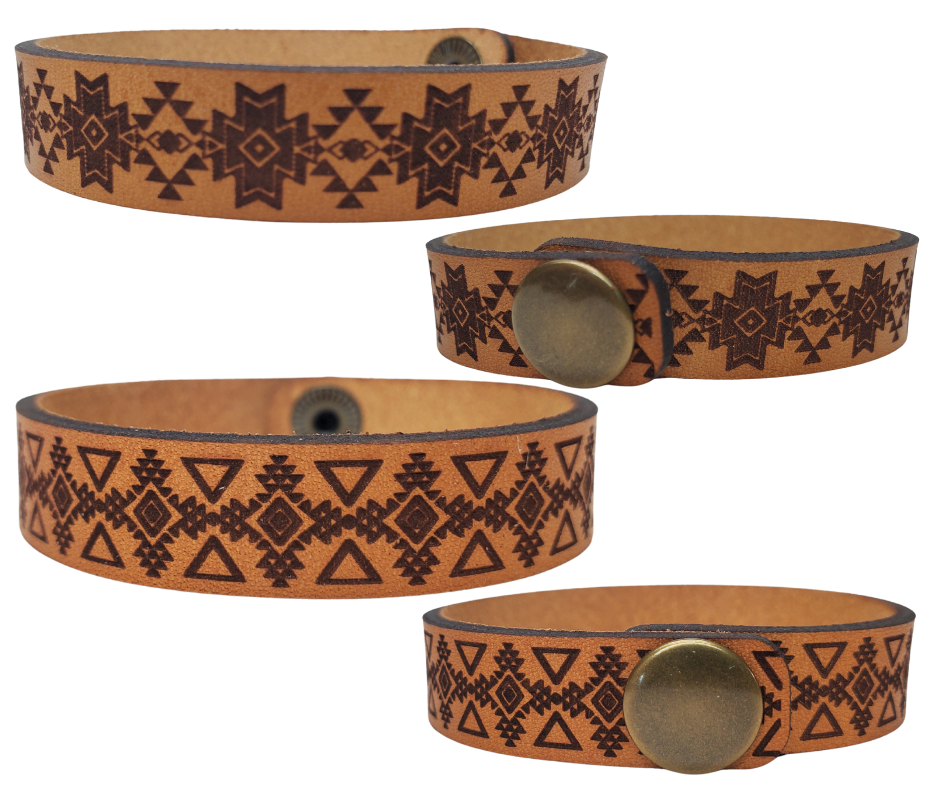Assorted Southwestern style bracelet cuffs are made from laser engraved, premium, full grain leather, and finished with solid brass snap for a long lasting touch. It's comfortable and lightweight, making it great for everyday wear. 7 1/2 x 1/2 in. Stocked at our Smyrna, TN shop. 