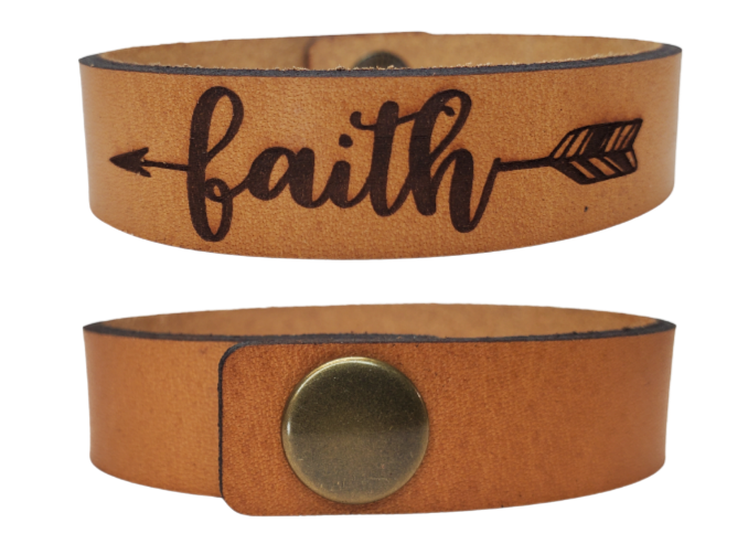 Inspiring Leather Bracelets Stocked at our Smyrna, TN shop. Believe, Faith, &amp; Love bracelet cuffs are made from laser engraved, premium, full grain leather, and finished with solid brass snap for a long lasting touch. It's comfortable and lightweight, making it great for everyday wear. 7 1/2 x 1/2 in