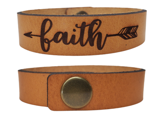 Inspiring Leather Bracelets Stocked at our Smyrna, TN shop. Believe, Faith, &amp; Love bracelet cuffs are made from laser engraved, premium, full grain leather, and finished with solid brass snap for a long lasting touch. It's comfortable and lightweight, making it great for everyday wear. 7 1/2 x 1/2 in