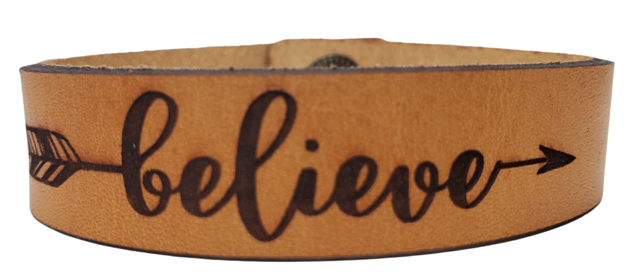 Inspiring Leather Bracelets Stocked at our Smyrna, TN shop. Believe, Faith, &amp; Love bracelet cuffs are made from laser engraved, premium, full grain leather, and finished with solid brass snap for a long lasting touch. It's comfortable and lightweight, making it great for everyday wear. 7 1/2 x 1/2 in