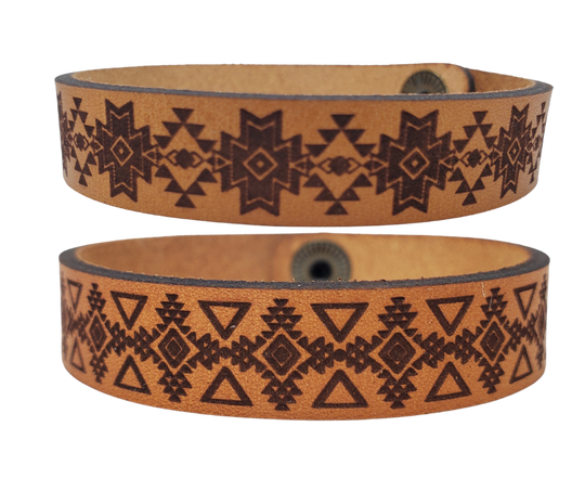 Assorted Southwestern style bracelet cuffs are made from laser engraved, premium, full grain leather, and finished with solid brass snap for a long lasting touch. It's comfortable and lightweight, making it great for everyday wear. 7 1/2 x 1/2 in. Stocked at our Smyrna, TN shop. 