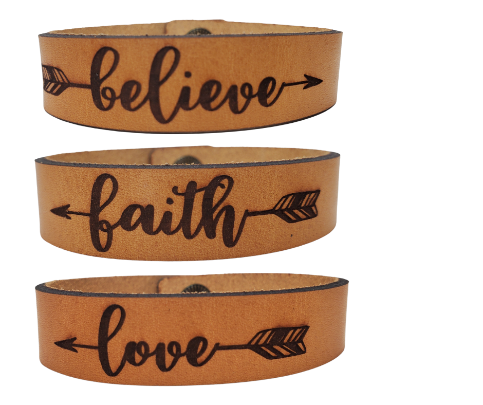 Inspiring Leather Bracelets Stocked at our Smyrna, TN shop. Believe, Faith, &amp; Love bracelet cuffs are made from laser engraved, premium, full grain leather, and finished with solid brass snap for a long lasting touch. It's comfortable and lightweight, making it great for everyday wear. 7 1/2 x 1/2 in