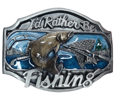 This buckle is for the big one that got away! This says it all for the fishing lover...I'd rather be fishing, complete with a fishing net, rod and reel, and of course the BIG one right on the front all on a oval shaped buckle. This pewter belt buckle that may be attached to your belt.  Fits 1 1/2" belts, Size approx. 3-1/2" x 2-3/4. Available online and in our shop just outside Nashville in Smyrna, TN.