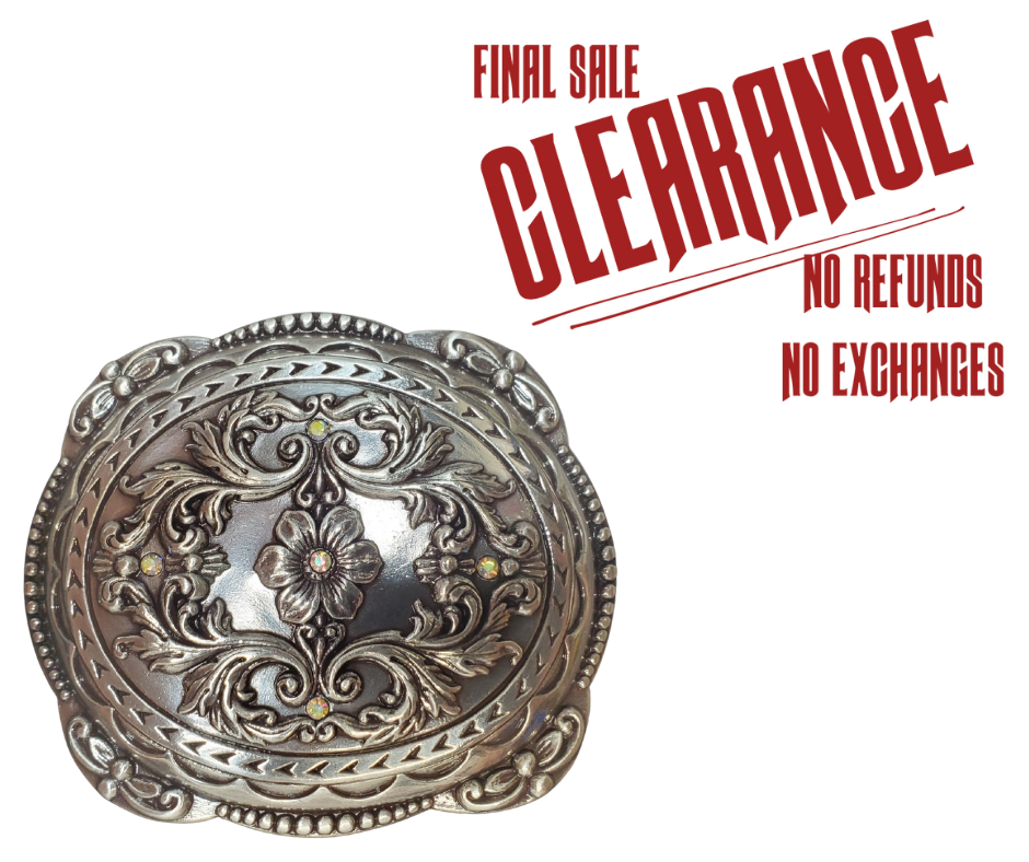 Were closing out the Floral Bling Buckle. Limited stock. Fits up to 1 1/2" belts and 3 1/4" x 2 3/4". Get'em now at our Smyrna, TN shop.