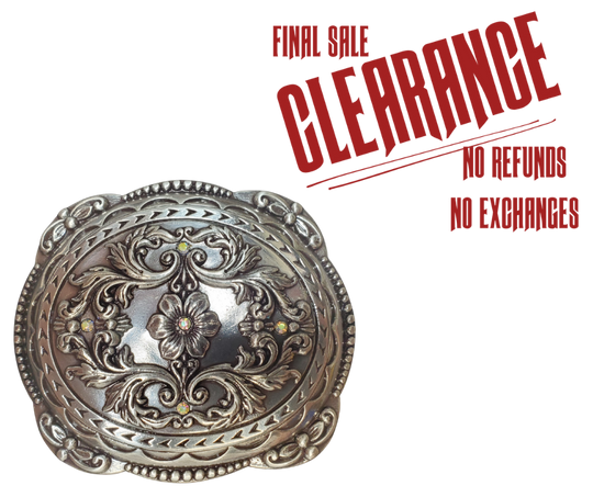 Were closing out the Floral Bling Buckle. Limited stock. Fits up to 1 1/2" belts and 3 1/4" x 2 3/4". Get'em now at our Smyrna, TN shop.
