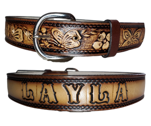  This Western styled leather Kid's belt features beautiful Flowers and Butterfly pattern that is sure to draw attention. The easy-change metal buckle makes for comfortable wear and makes it easy to add your own buckle. Perfect for adding a unique touch to any Kid's wardrobe. This belt is stocked in our shop outside Nashville in Smyrna, TN.