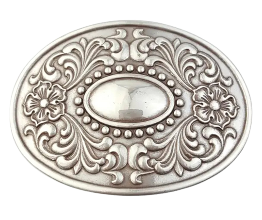 The "Victorian" buckle features an oval design adorned with western-style flowers framing a beaded oval center that resembles a rustic, unpolished mirror. It fits a standard 1 1/2" belt and measures about 2 1/2" by 3 3/4". Finished in antique silver, this charming buckle is ready to add a touch of vintage flair. Grab yours online or visit us in Smyrna, TN, just a stone’s throw from Nashville!