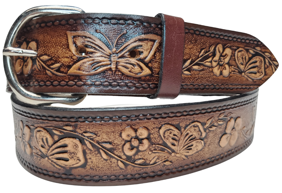 This stylish leather belt features beautiful flowers and butterfly artwork that is sure to draw attention. The easy-change metal buckle makes for comfortable wear and makes it easy to adjust for size. Perfect for adding a unique touch to any wardrobe. This belt is stocked in our shop outside Nashville in Smyrna, TN.