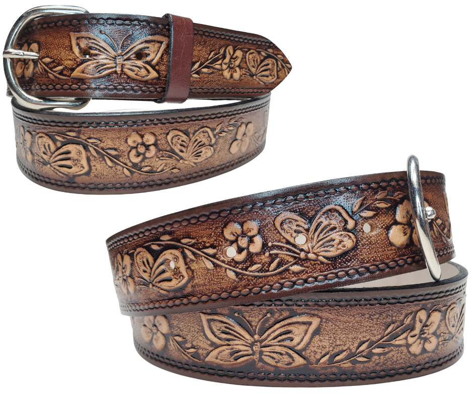 This stylish leather belt features beautiful flowers and butterfly artwork that is sure to draw attention. The easy-change metal buckle makes for comfortable wear and makes it easy to adjust for size. Perfect for adding a unique touch to any wardrobe. This belt is stocked in our shop outside Nashville in Smyrna, TN.