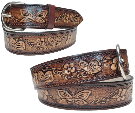 This stylish leather belt features beautiful flowers and butterfly artwork that is sure to draw attention. The easy-change metal buckle makes for comfortable wear and makes it easy to adjust for size. Perfect for adding a unique touch to any wardrobe. This belt is stocked in our shop outside Nashville in Smyrna, TN.