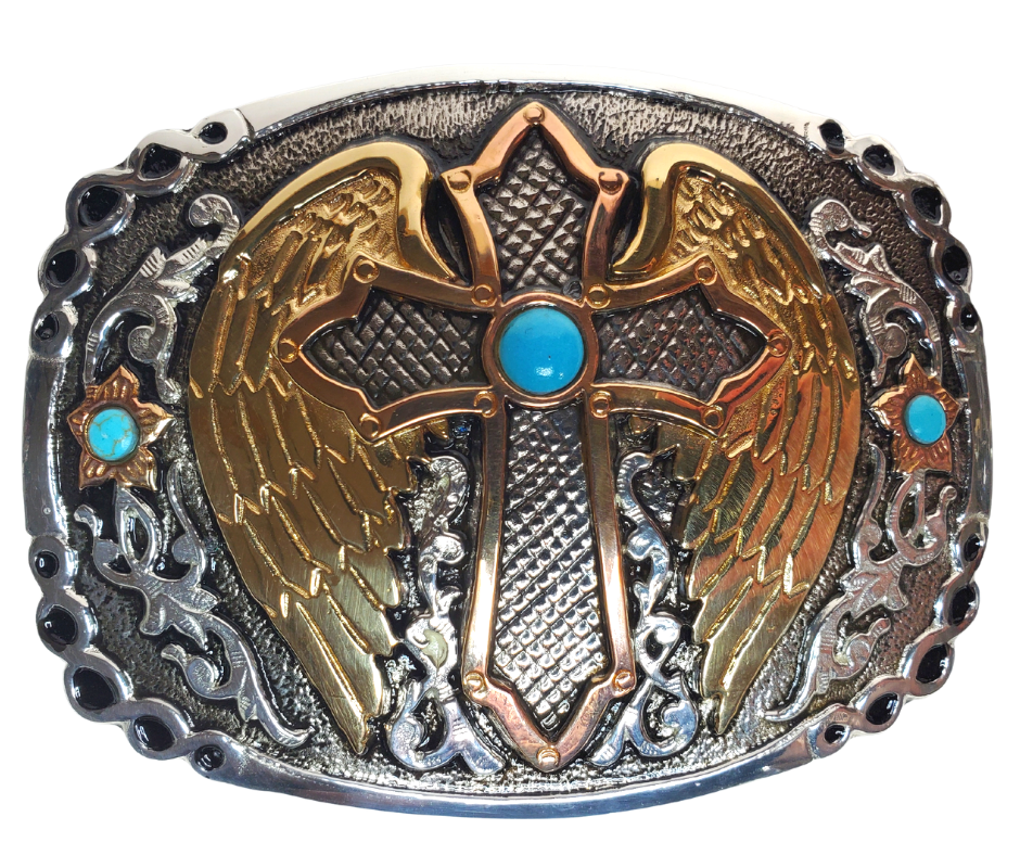 Go to Cowboy church and sing!! Some glad morning when this life is o'er, I'll fly away...To a home on God's celestial shore, I'll fly away!  Measuring approx. 3 1/4" tall x 4 1/2" wide accented with all the Western you can handle! Including Brass colored wings, Copper colored Cross and Simulated Turquoise stones. Get it at our shop in Smyrna, TN, outside Nashville. Imported.