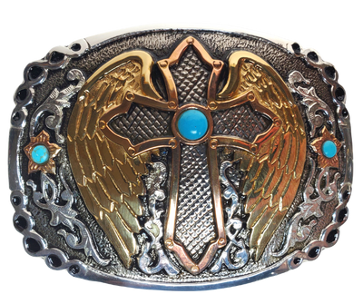 Go to Cowboy church and sing!! Some glad morning when this life is o'er, I'll fly away...To a home on God's celestial shore, I'll fly away!  Measuring approx. 3 1/4" tall x 4 1/2" wide accented with all the Western you can handle! Including Brass colored wings, Copper colored Cross and Simulated Turquoise stones. Get it at our shop in Smyrna, TN, outside Nashville. Imported.