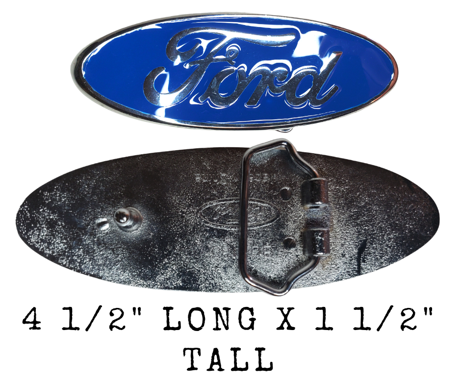 Ford Logo Buckle features a western oval buckle with blue enamel background with white enamel trim and "Ford" in white enamel script. Fits belts up to 1-1/2" wide Size 4 1/2" wide x 1 1/2"" height Available online and at our shop just outside Nashville in Smyrna, TN.