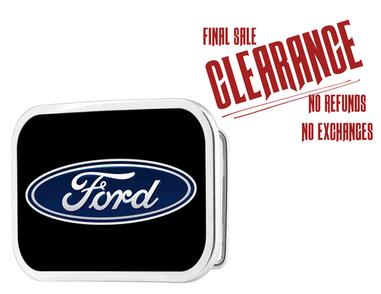 Officially licensed by Ford. It showcases the timeless strength and heritage of the Ford brand. Classic Ford logo with durable craftsmanship. Made in the USA. You can find it in our shop conveniently located in Smyrna, TN, just outside of Nashville.

Features:
-Durable metal composition for long-lasting wear
-Measures 3.6 x 2.38 inches
-Fits a 1.5-inch wide belt
-USA made and officially licensed by GM General Motors