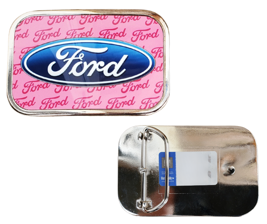Officially licensed by Ford. It showcases the timeless strength and heritage of the Ford brand. Classic Ford logo in Pink with durable craftsmanship. Made in the USA. You can find it in our shop conveniently located in Smyrna, TN, just outside of Nashville.

Features:
-Durable metal composition for long-lasting wear
-Measures 3.6 x 2.38 inches
-Fits a 1.5-inch wide belt
-USA made and officially licensed by GM General Motors