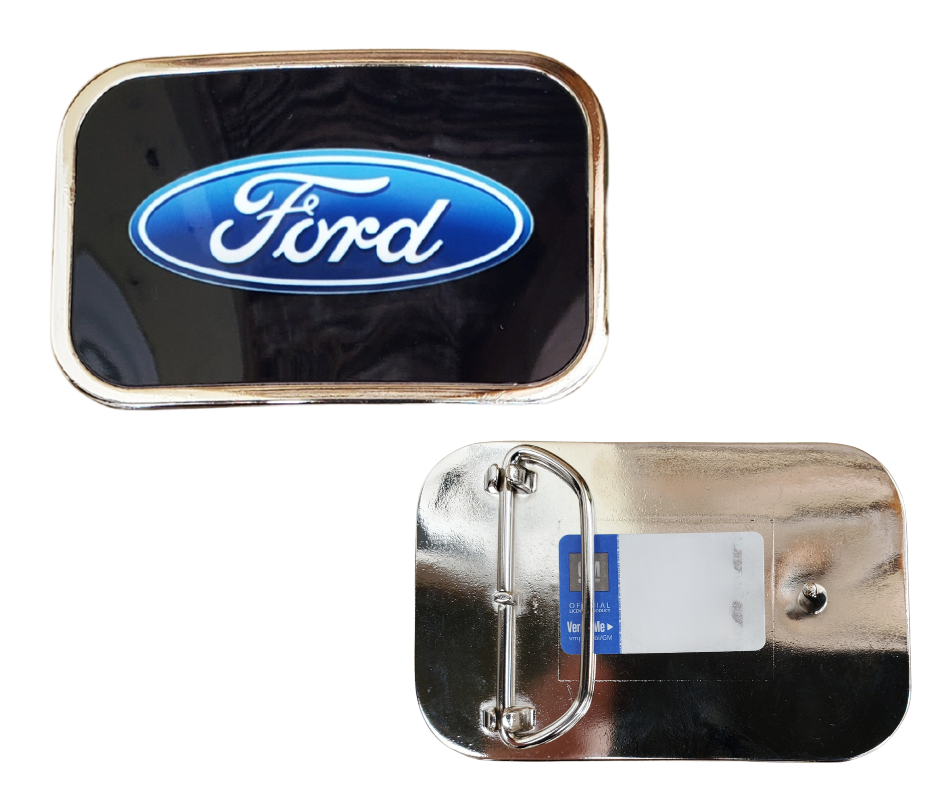 Officially licensed by Ford. It showcases the timeless strength and heritage of the Ford brand. Classic Ford logo with durable craftsmanship. Made in the USA. You can find it in our shop conveniently located in Smyrna, TN, just outside of Nashville.

Features:
-Durable metal composition for long-lasting wear
-Measures 3.6 x 2.38 inches
-Fits a 1.5-inch wide belt
-USA made and officially licensed by GM General Motors
