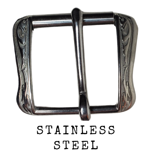 If you need a upgrade for your current belt or want a different look we have a selection of what we call Basic buckles. Stop in our shop in Smyrna, TN, just outside of Nashville. This is a Heavy duty Roller with a Western attitude. Great for heavy work belts.   Color - Stainless Steel ,1 3/4" width