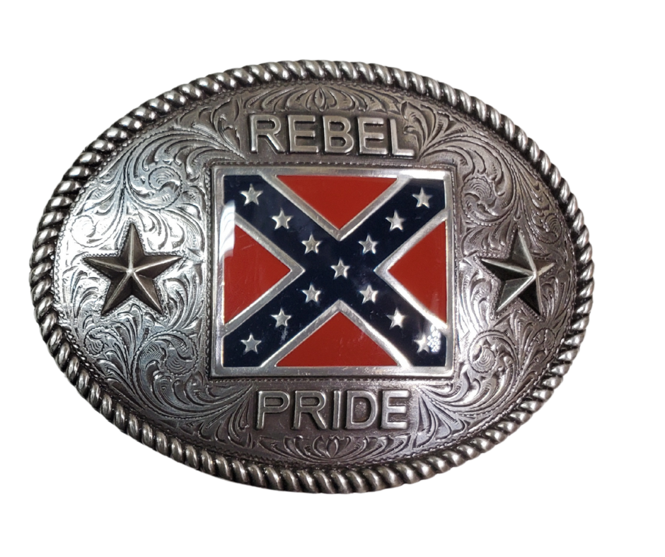 The "Franklin Heritage" buckle features an antique silver design with square stars and bars set against an ornate western scroll background and a rope edge. Its oval shape is comfortable for all body types and fits up to 1 1/2" belts. You can find it both online and in our Smyrna, TN shop, just outside of Nashville.