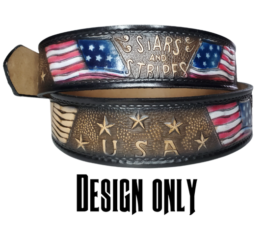 The Stars and Stripes leather belt is the Patriots go to belt! Patterned with American Flags, Stars and Stripes and USA around the belt. Available in a 1 1/2" width. Full grain vegetable tanned cowhide, Width is 1 1/2" and includes Nickle plated buckle that may be changed with Smooth burnished painted edges. In stock at our Smyrna, TN shop.