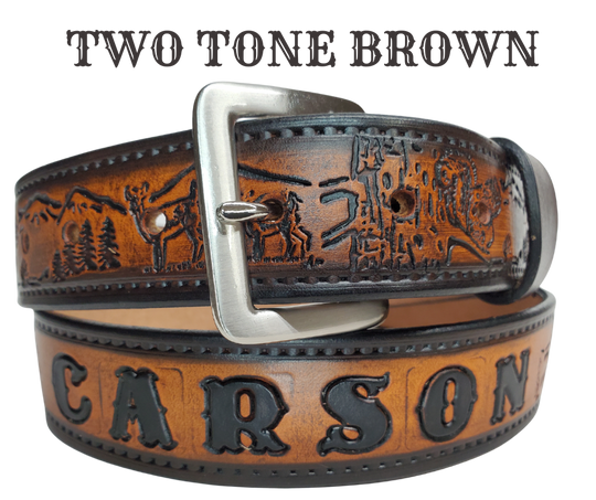 Our Frontiersman is named after the well known men who explored the original USA Frontier. This leather belt is crafted from high-quality Veg Tan cowhide and comes in four different color options. The edges are smooth and hand finished with a Deer and Squirrel outdoors scene. It's 1 1/2" wide, and available in sizes 34" to 44".  The removable Brushed Nickel plated solid brass buckle is attached with two snaps. Handmade in our Smyrna, TN, USA shop, just a short trip from Nashville.