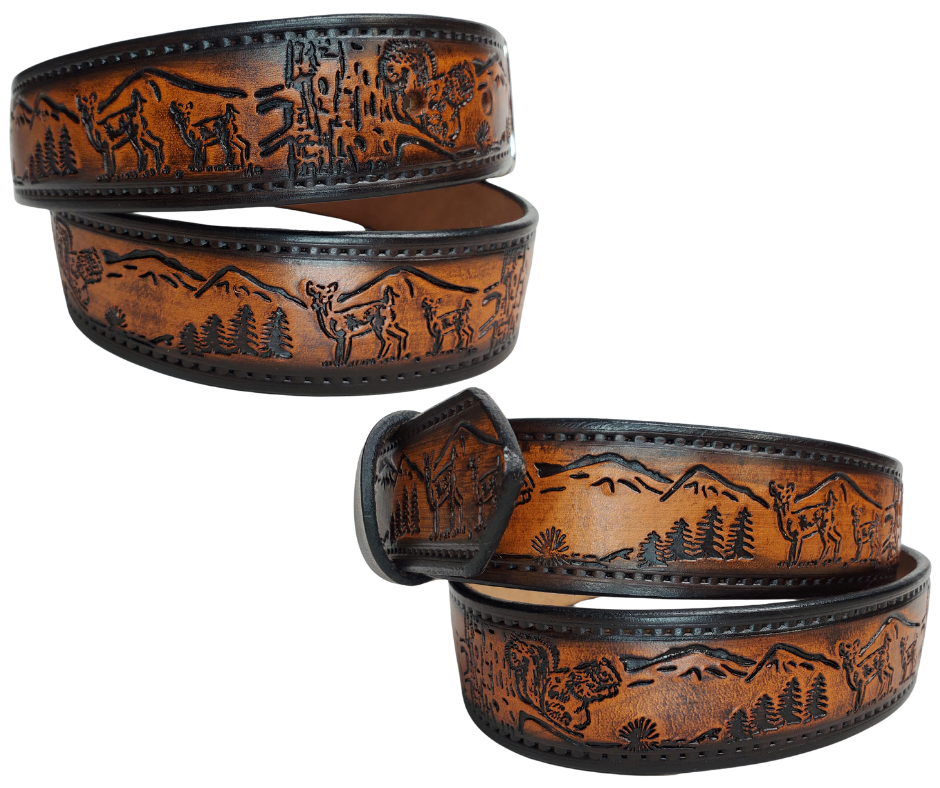 Our Frontiersman is named after the well known men who explored the original USA Frontier. This leather belt is crafted from high-quality Veg Tan cowhide and comes in four different color options. The edges are smooth and hand finished with a Deer and Squirrel outdoors scene. It's 1 1/2" wide, and available in sizes 34" to 44".  The removable Brushed Nickel plated solid brass buckle is attached with two snaps. Handmade in our Smyrna, TN, USA shop, just a short trip from Nashville.