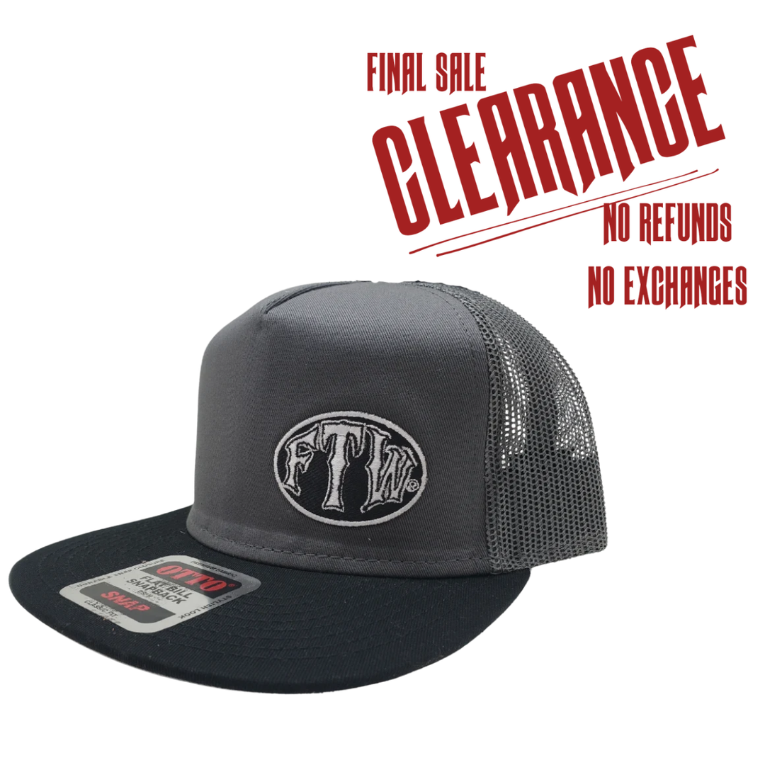 Gray & Flat Bill Cap with Gray mesh back. Front has a Silver embroidered patch that says FTW ... Forever Two Wheels, FTW design also under the bill. Structured top to keep its shape. Sold at our shop just outside Nashville in Smyrna, TN.