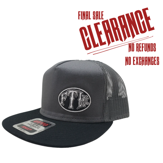 Gray &amp; Flat Bill Cap with Gray mesh back. Front has a Silver embroidered patch that says FTW ... Forever Two Wheels, FTW design also under the bill. Structured top to keep its shape. Sold at our shop just outside Nashville in Smyrna, TN.