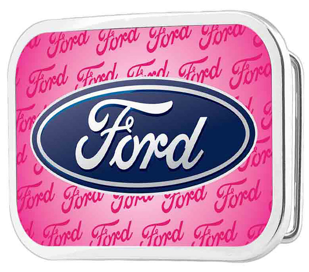 Officially licensed by Ford. It showcases the timeless strength and heritage of the Ford brand. Classic Ford logo in Pink with durable craftsmanship. Made in the USA. You can find it in our shop conveniently located in Smyrna, TN, just outside of Nashville.

Features:
-Durable metal composition for long-lasting wear
-Measures 3.6 x 2.38 inches
-Fits a 1.5-inch wide belt
-USA made and officially licensed by GM General Motors