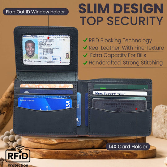 Our USA Made Garrison Leather Wallet for Men. Made slim which isn't easy to do for a real leather wallet. Has all the slots for the cards you need for your daily use. Plus it has RFID for protection from scammers. Now in stock at our Smyrna, TN shop not far from the Gulch area in Nashville.

With Flap Out ID Window Holder
Handcrafted, Strong Stitching
Extra Capacity for bills
14 Card Slots
Gift for Him