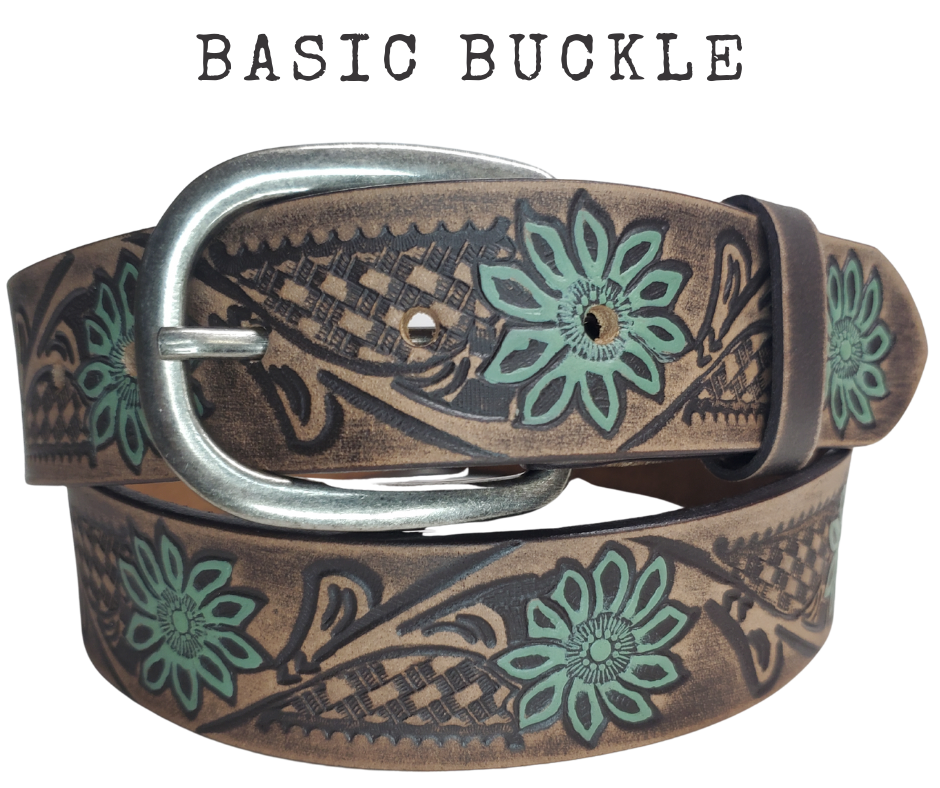 The "Jackpot" belt has a Turquoise flower on a distressed Chocolate western pattern design. Upgrade to the Square western scroll that measures approx. 4" wide by 2 1/2" tall and also get the Basic Antique Nickel that looks great while Rodeoing or doin a 2 step. Belt has snaps for easy buckle change and is made from a single strip of Embossed leather. Available in our shop just outside Nashville in Smyrna, TN.