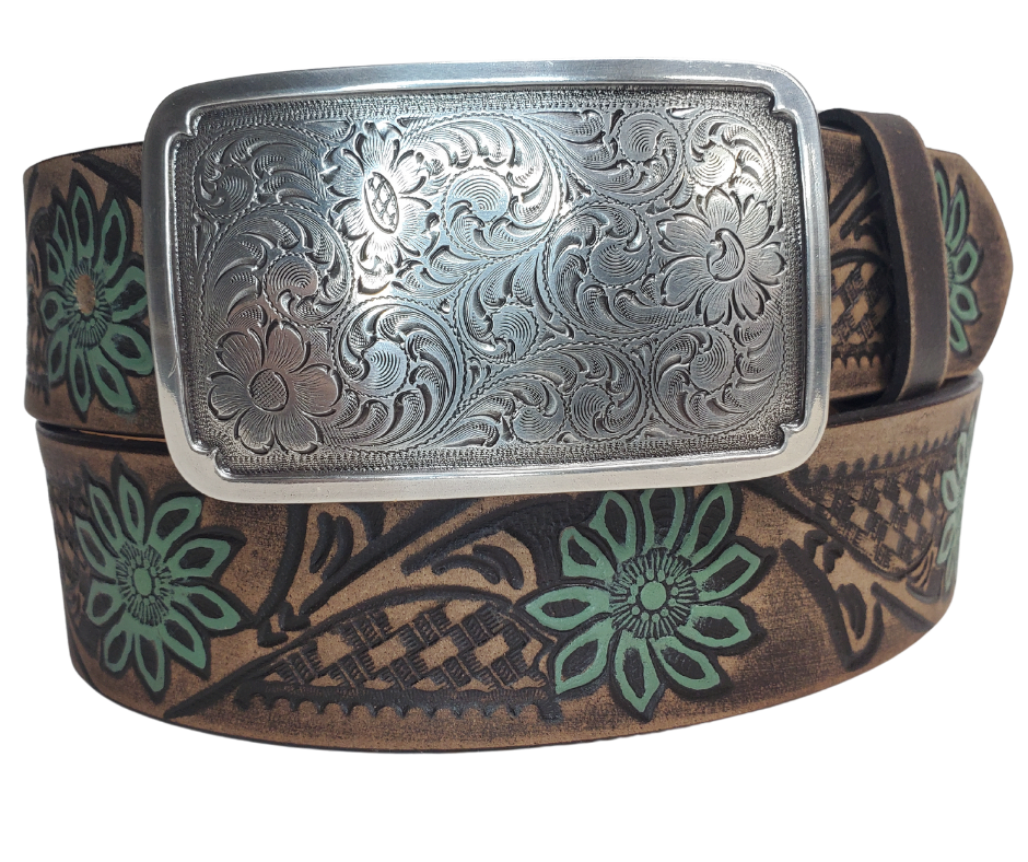 The "Jackpot" belt has a Turquoise flower on a distressed Chocolate western pattern design. Upgrade to the Square western scroll that measures approx. 4" wide by 2 1/2" tall and also get the Basic Antique Nickel that looks great while Rodeoing or doin a 2 step. Belt has snaps for easy buckle change and is made from a single strip of Embossed leather. Available in our shop just outside Nashville in Smyrna, TN.