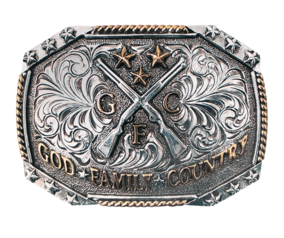 Discover the traditional Western engraving, stars, and vines design on the Crossed Rifles belt buckle, featuring the powerful message of God, family, and country. This antique gold and silver buckle is highlighted with a partial rope edge border. Fit's up 1 3/4" belts and is approx. 2 1/2" x 3 1/2". Available at our Smyrna, TN shop, just a quick drive away from Nashville.