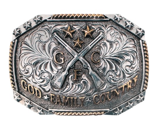 Discover the traditional Western engraving, stars, and vines design on the Crossed Rifles belt buckle, featuring the powerful message of God, family, and country. This antique gold and silver buckle is highlighted with a partial rope edge border. Fit's up 1 3/4" belts and is approx. 2 1/2" x 3 1/2". Available at our Smyrna, TN shop, just a quick drive away from Nashville.