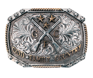 Discover the traditional Western engraving, stars, and vines design on the Crossed Rifles belt buckle, featuring the powerful message of God, family, and country. This antique gold and silver buckle is highlighted with a partial rope edge border. Fit's up 1 3/4" belts and is approx. 2 1/2" x 3 1/2". Available at our Smyrna, TN shop, just a quick drive away from Nashville.