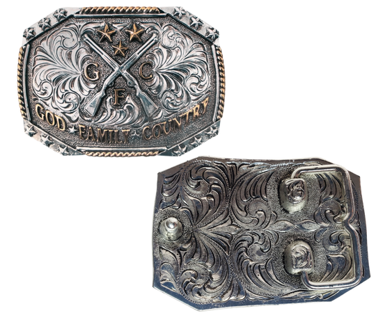 Discover the traditional Western engraving, stars, and vines design on the Crossed Rifles belt buckle, featuring the powerful message of God, family, and country. This antique gold and silver buckle is highlighted with a partial rope edge border. Fit's up 1 3/4" belts and is approx. 2 1/2" x 3 1/2". Available at our Smyrna, TN shop, just a quick drive away from Nashville.